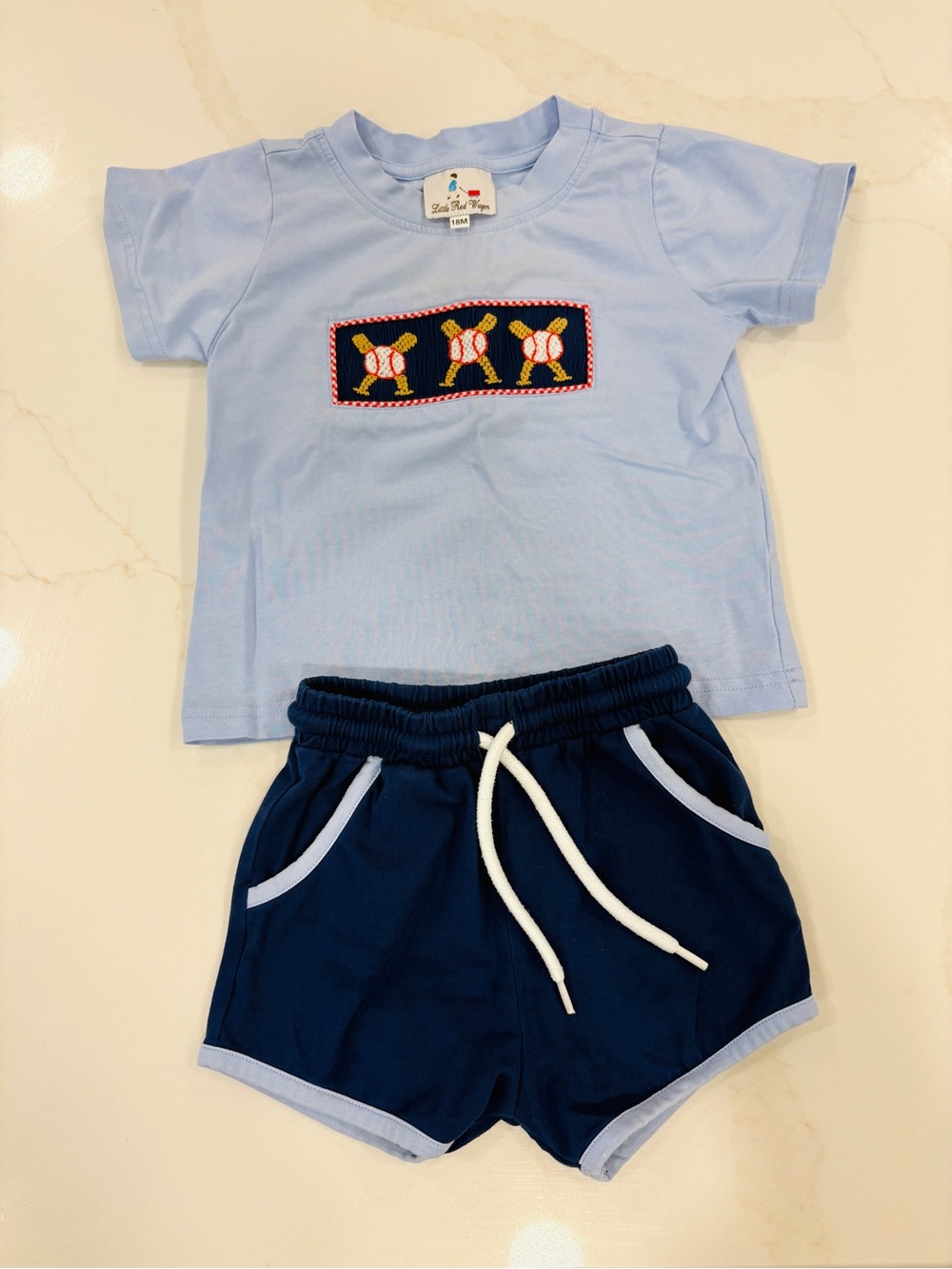 Like NEW Little Red Wagon Smocks Blue Baseball Tee & Navy Shorts Set 18mo